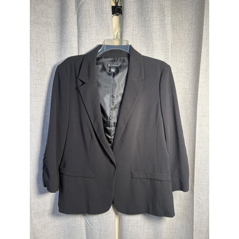 New Directions Womens Black Ruched 3/4 Sleeve Single Button Blazer Jacket L